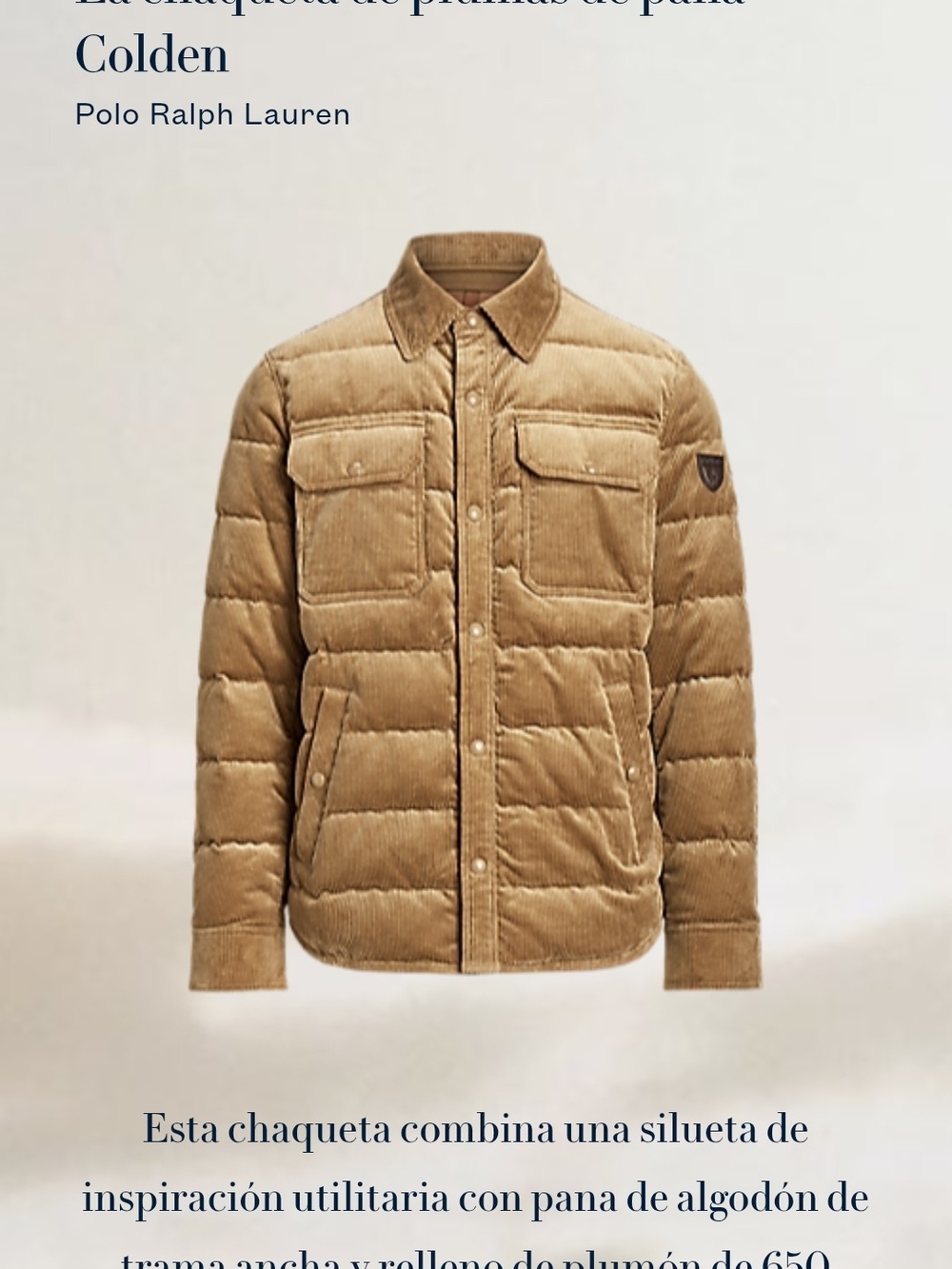 Polo by Ralph Lauren Tan Corduroy Quilted Puffer Shacket